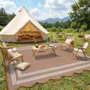 Garvee Waterproof Outdoor Rug 9x12, Scalloped Geometric Foldable Plastic Straw Patio Camping Rug, Outdoor RV Carpet for Deck Camper Porch Balcony Backyard Picnic Beach Brown and White