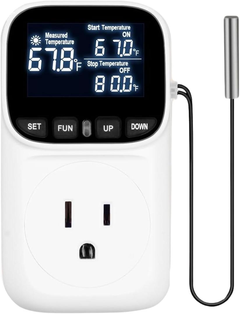 Backlit Digital Temperature Controller Thermostat Socket Plug with Timer Heating and Cooling Mode 110V 15A Fahrenheit