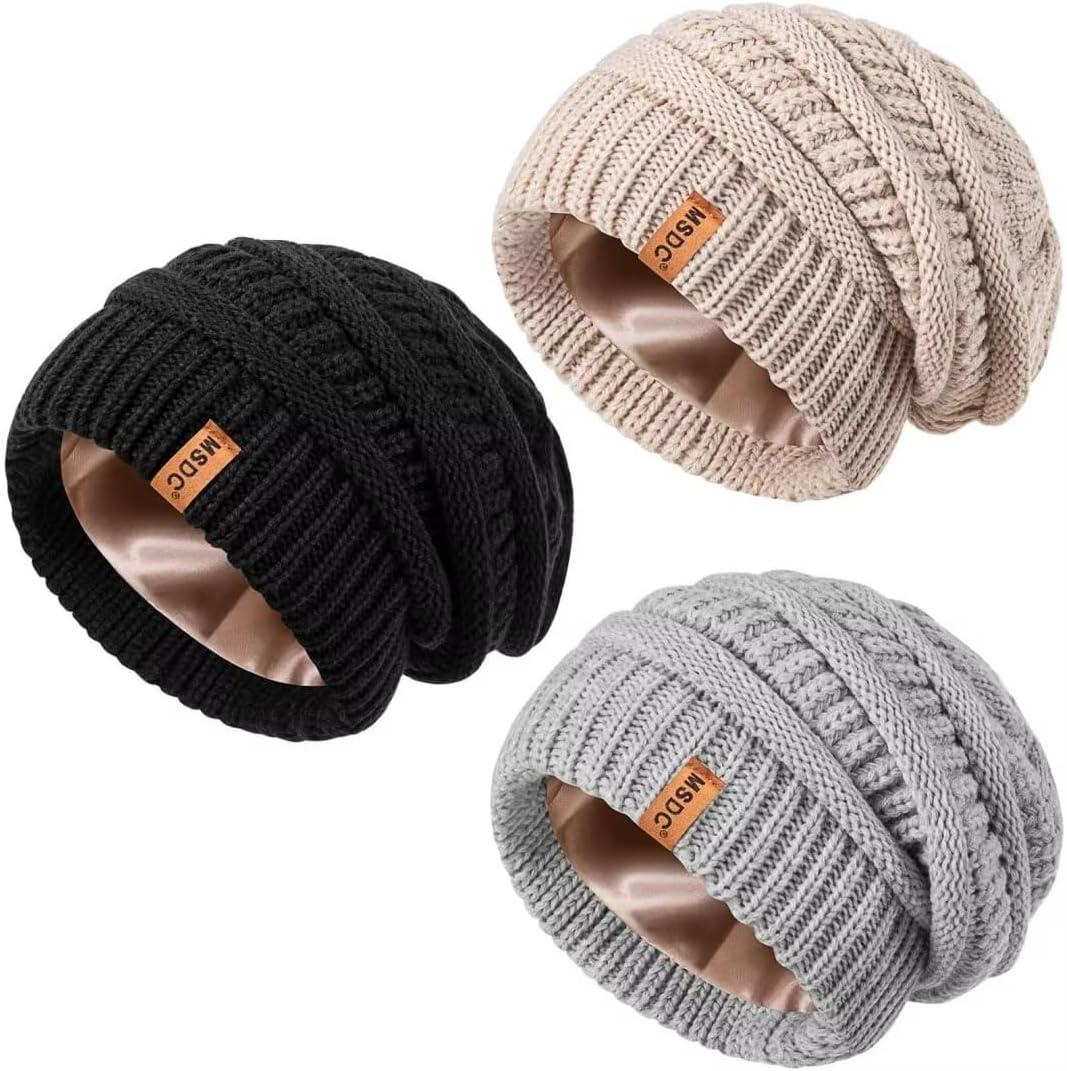 3 Pack Satin Lined Beanie for Women, Warm Slouchy Winter Hats with Silk Lined, Fashionable Oversized Cable Knit Hat Skull Cap (Black, Oatmeal, Gray)