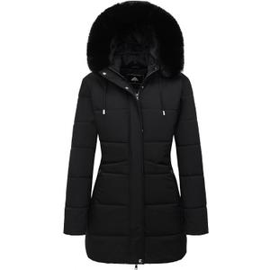 MOERDENG Women's Winter Puffer Coat Thicken Fleece Lined Down Jacket Waterproof Faux Fur Detachable Hooded Parka (Black, XL)