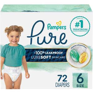 Pampers Pure Baby Diapers, Size 6 (35+ lbs), 72, Up to 100% Leakproof, Premium Hypoallergenic Soft Diapers