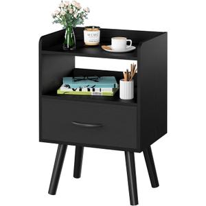 Yoobure Night Stand with Fabric Drawer, Modern Nightstand, Bedside Tables, Mid Century Nightstands with Open Storage Shelf, Wood Bedside Table, Small Night Stands for Bedrooms, 2-Tier Night Table (Black)