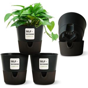 5/6.5/7.5 Inch Self Watering Pots for Indoor/Outdoor ,2 Pack plastic Planters for Indoor Plants with Drainage Holes and Saucers, Modern Decorative Flower Pot for Plants (Grey, 5-Inch, 4-Pack) (Gray)