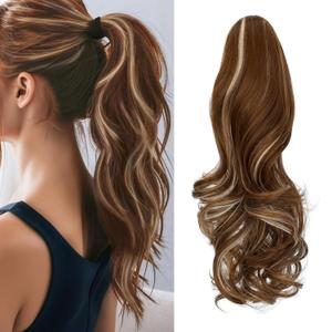 FELENDY Ponytail Extension Claw 18" 20" Curly Wavy Straight Clip in Hairpiece One Piece A Jaw Long Pony Tails for Women (Light Auburn Mix Bleach Blonde,Curly)