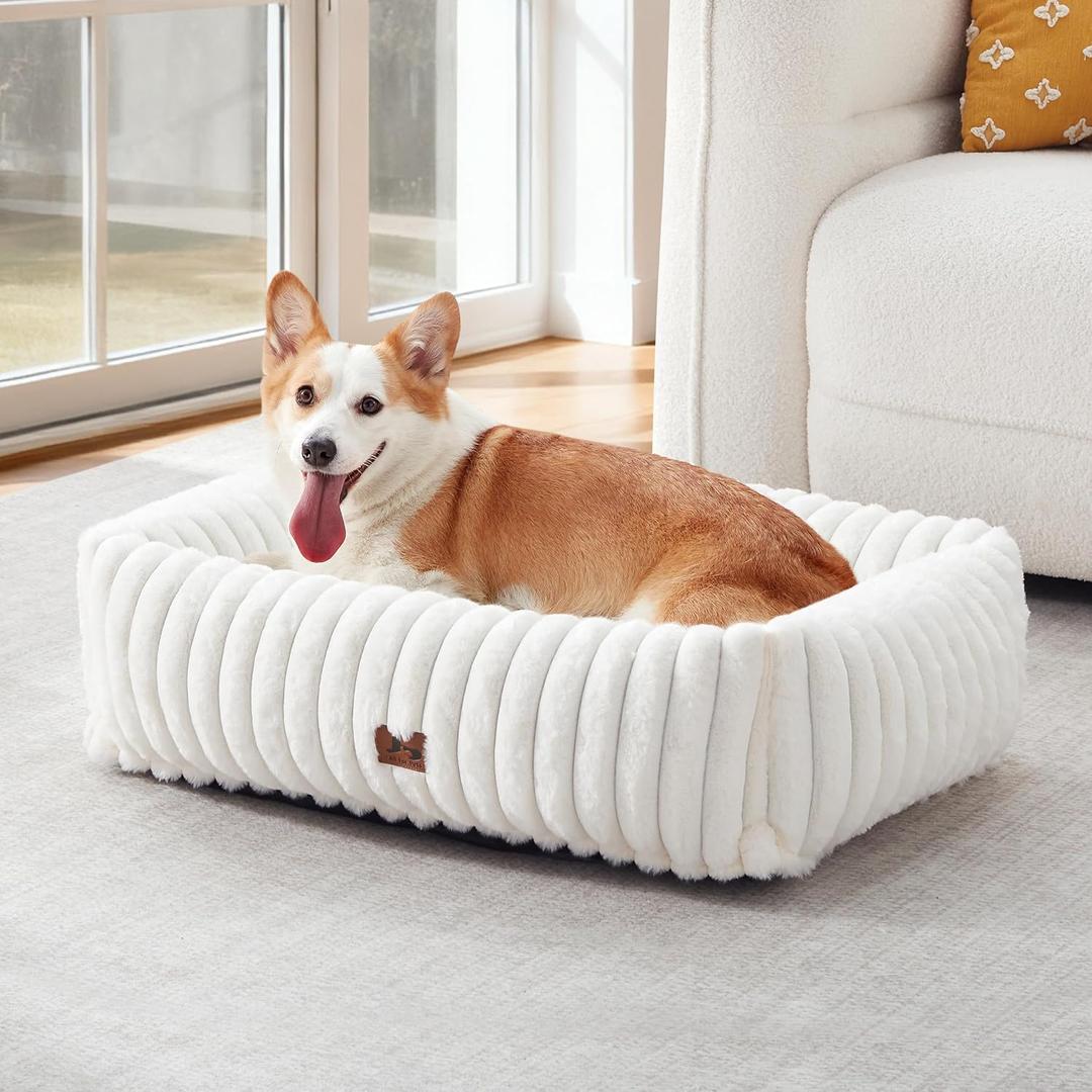 Washable Dog Bed for Small Medium Dogs - Rectangle Orthopedic Corduroy Fleece Pet Bed with Removable Cover and Nonskid Bottom, Calming Puppy Bed Soft Pet Sofa, Cream(30x24x8inchs)