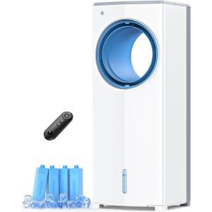 Windowless Air Conditioner, 27" Bladeless Evaporative Air Cooler with 4 Modes & 3 Speeds, Double Tanks, 4 Ice Packs, 25FT Remote,7H Timer, Portable Swamp Cooler Air Conditioner No Window Needed (10.24" x 9.84" x 26.38", White)
