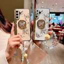 for Samsung Galaxy A16 Glitter Case with Chain Bracelet & Kickstand, Bling Butterfly Flower Shockproof Protective Cover, Sparkle Crystal Pearl Design for Samsung A16 DLH-White