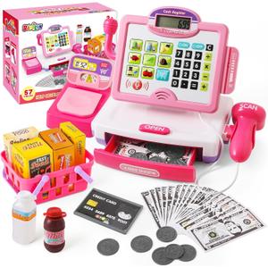 Play Calculator Cash Register Toy Gift for Kids Girls Age 3, 4, 5, 6, 7, 8+ Year Old, 57 Pcs Pink Pretend Grocery Store Playset, Incl Microphone, Credit Card, Scanner, Fake Food, Play Money for Kids