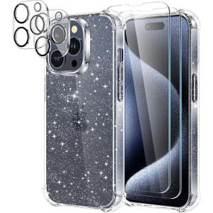 KSWOUS for iPhone 15 Pro Case Glitter with 2 Pack Screen Protector + 2 Pack Camera Lens Protector, Clear Glittering Cute Phone Case Shockproof Soft TPU Bumper Cover for Women Girls