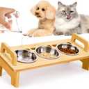 Bamboo Cat Food Bowl for Indoor, 3 Stainless Steel Raised Cat Bowls with Stand, 15Tilted Cats Bowl for Small Dog, Cats Food and Water Bowl Set, Anti Vomitting, Whisker Fatigue and Dishwasher Safe (Original wooden)