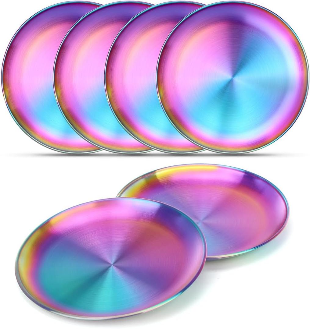AIEVE Stainless Steel Kids Plates,6 Pack Round Toddler Plates,8 Inch Dinner Dishes for Baby, BPA Free, Dishwasher Safe Rainbow