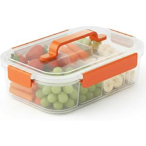 Li & Zhao Snackle Box Container - 4-Compartment Divided Snack Serving Tray with Silicone Handle, Perfect for Picnics, Leak-Proof, and Dishwasher-Safe Dressing Containers(Orange)