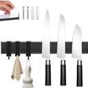 Magnetic Knife Holder for Wall with 3 Hooks, No Drilling Magnetic Knife Strip Adhesive Knife Holder Magnet Knife Bar, Wall Mount Knife Rack Block Metal Tool Holder for RV Kitchen Organization, 10 Inch (Black)