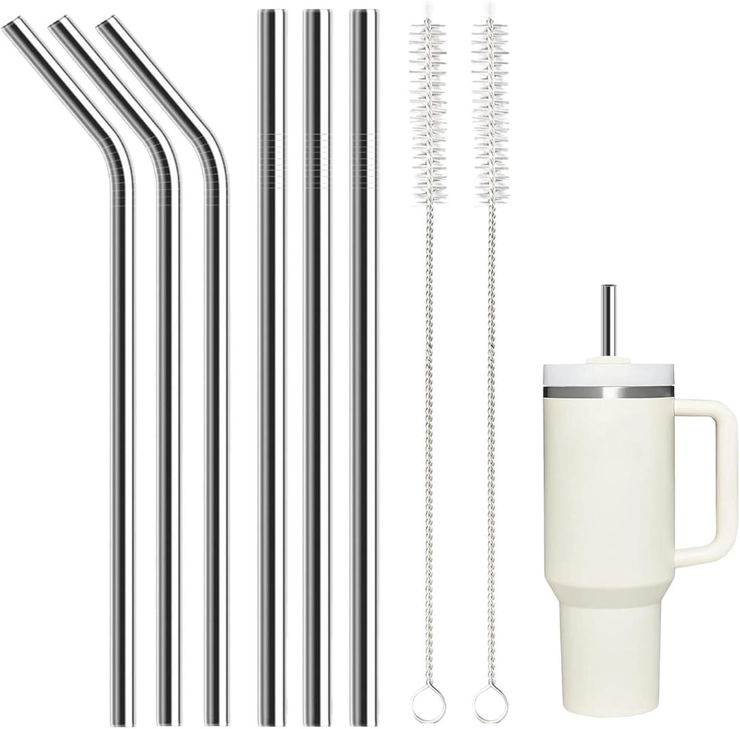 6 Pack Stainless Steel Straw Replacement 40 oz and 30 oz for Stanley Tumbler3 Straight+3 Bent Reusable Straws with 2 Cleaning Brush Compatible with Stanley 40oz Stanley Cup Tumbler