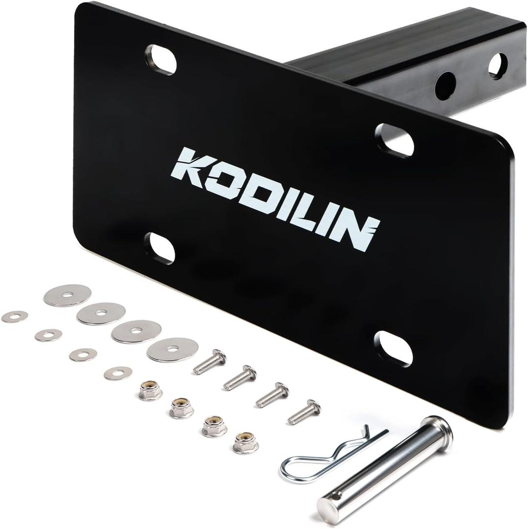 Kodilin Heavy-Duty Trailer Hitch License Plate Holder for 2" Hitch Receiver, Universal Fit for Trucks, SUV, RV & Off-Road Vehicles, Black Rust-Proof Steel Bracket, Includes Mounting Hardware