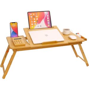 Laptop Desk for Bed, COIWAI Laptop Bed Tray, Bamboo Lap Desk with Tablet Slot, Adjustable Height Angle, Foldable Tray for Sofa Couch Floor, with Storage Drawer - Large (28.8" *13.4" Height&Angle adjust)