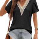 siliteelon Womens Blouses Boho Lace V Neck Short Sleeve Eyelet Shirts Summer Dressy Casual Beach Vacation Tops (Black)