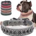 2 x Stylish PU Leather Dog Collar with Alloy Buckle, Black Diamond Rivets, Adjustable, Durable for Small, Medium, Large Dogs - Grey S (Small (Pack of 1))