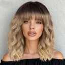 Blonde Wigs with Bangs Short Ombre Blonde Wavy Bob Wigs for Women Natural Looking Heat Resistant Synthetic Wigs for Daily Party Cosplay Use 14 Inch
