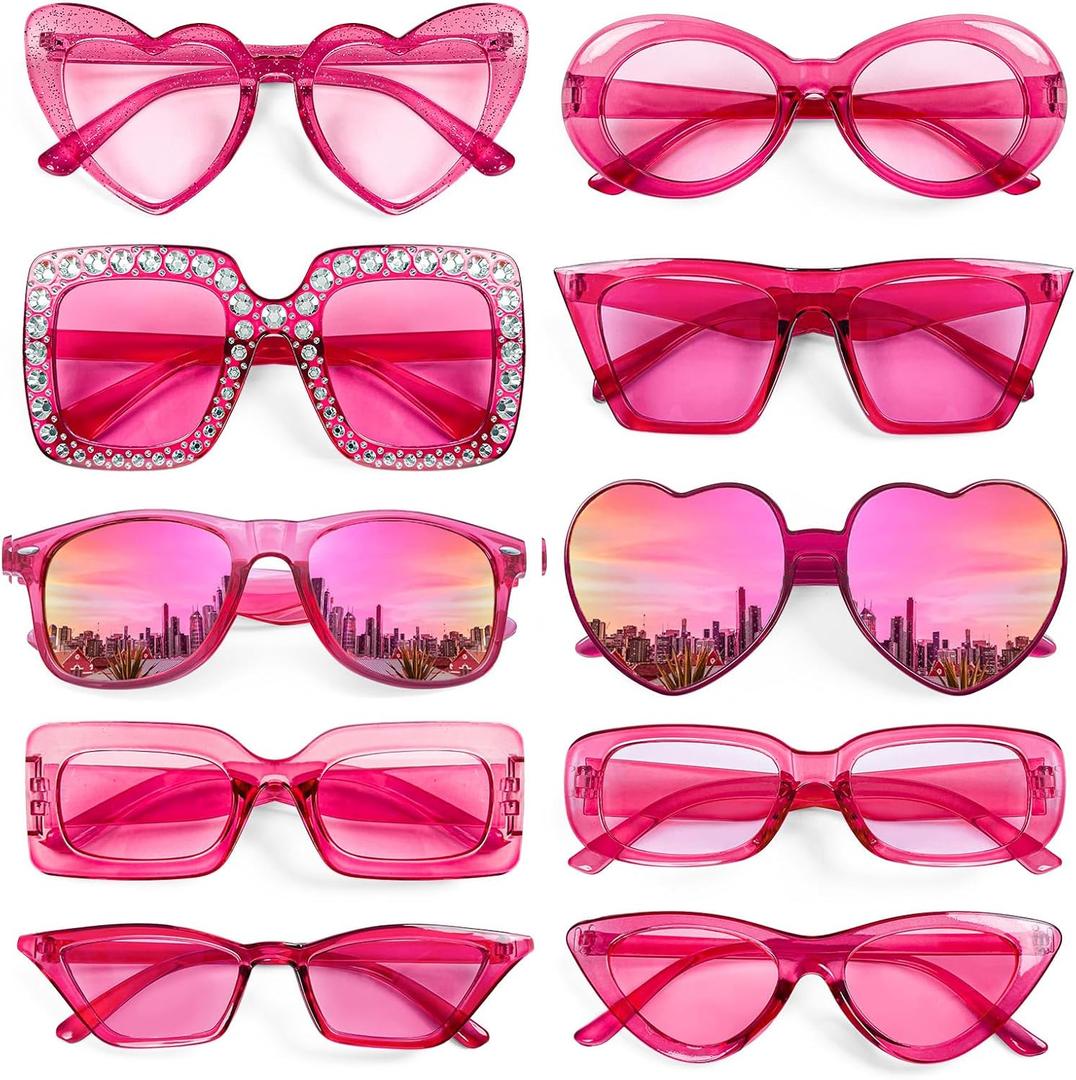 10 Pack Pink/Hotpink/Red Sunglasses for Women Set, Trendy Retro Party Sunglasses Costume Accsessory