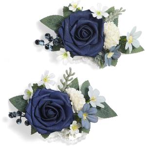 Serwalin 2 Pcs Wrist Corsage, 6-7 Inch Navy Blue Corsage for Wedding, Bridesmaid Mother Grandmother, Artificial Flowers for Prom Ceremony Anniversary