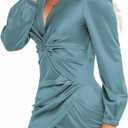 TDiooCor Womens Cocktail Ruffle Deep V Neck Bodycon Dress | Long Sleeves,Curvy,Ruched Draped,Knee Length,Wrap,Elegant Midi Formal Wedding Guest Party Club Prom Graduation Dress (Green, XXL)