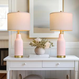 USumkky 24.5" Modern 3-Way Dimmable Touch Control with 5FT Cord & USB A+C Ceramic Lamps Set of 2 Table Lamp for Living Room Bedroom Farmhouse Nightstand Bedside Pink