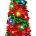 5Ft Pop Up Christmas Tree with Lights, Collapsible Pencil Tree Red Green, Skinny Christmas Tree Slim Xmas Tree, Artificial Tinsel Tree Foldable for Home Apartment Holiday Party Winter Decor