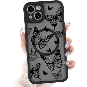 Designed for iPhone 13 Case, Black line Butterfly Pattern [Compatible with MagSafe] Semi-Transparent Frosted Soft TPU and PC Back Protection Ultra-Thin Phone case for Girls Women
