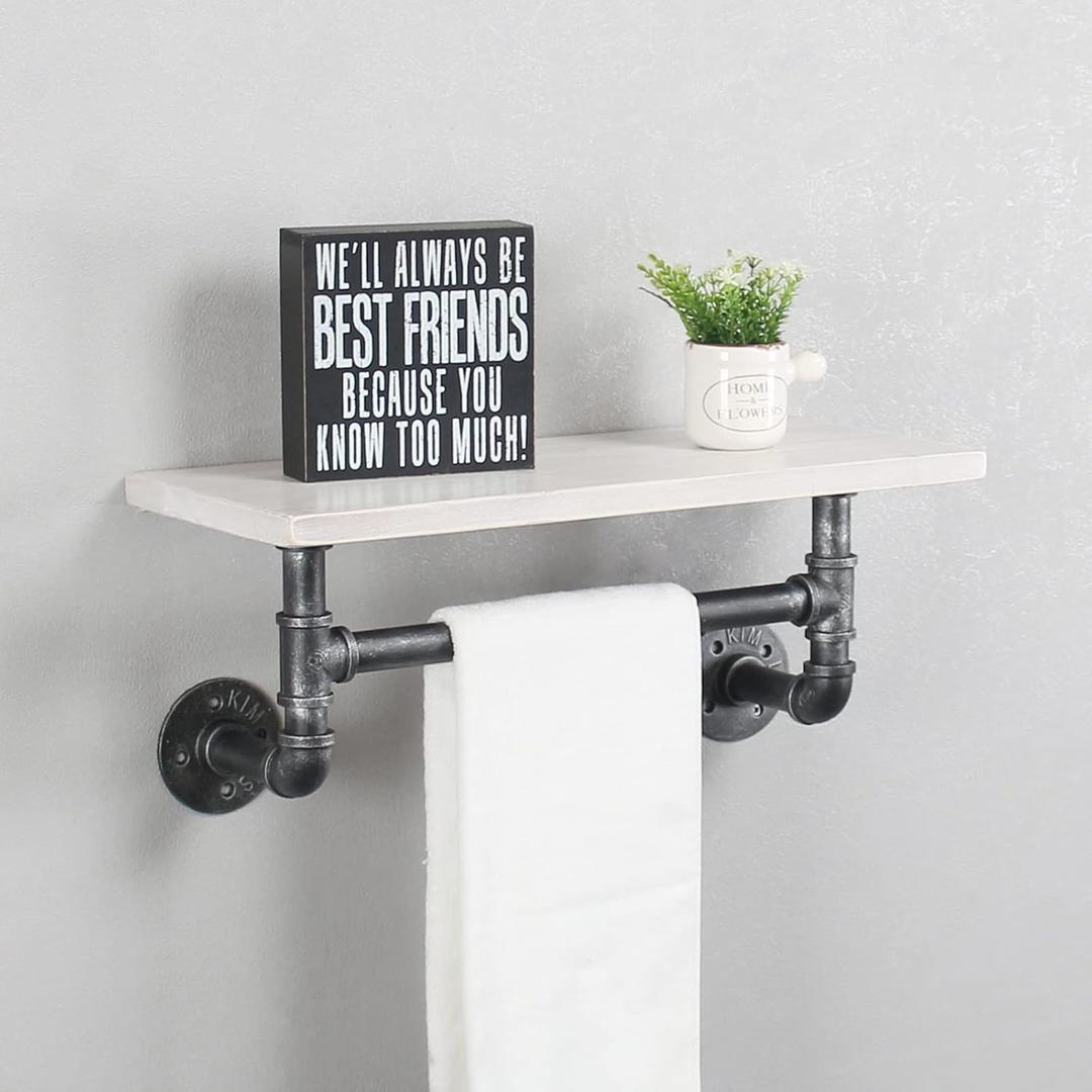 Industrial Pipe Shelf Bathroom Shelves Wall Mounted,19.6in Rustic Wood Shelf with Towel Bar,1 Tier Farmhouse Towel Rack Over Toilet,Pipe Shelving Floating Shelves Towel Holder,Retro White