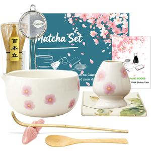 Matcha Set 8-Piece Ceremonial Matcha Whisk Kit with Pink Cherry Blossom Bowl, Bamboo Whisk & Chasen Stand, Traditional Tea Tools for Tea Lovers & Home Ritual Cream White Gift for Women