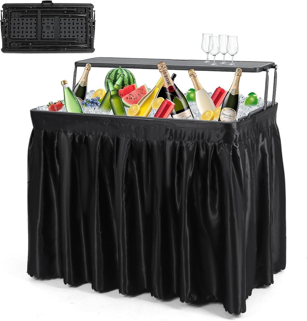 Nice C 4 ft Folding Ice Cooler Table, Party Cooler, Grazing Table with Drain, Bar Cooler Tables, with Matching Skirt, Storage Shelf (Black), 48 inches x 38 inches x 32 inches