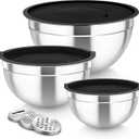 TeamFar Mixing Bowls, Stainless Steel Nesting Salad Bowls with Lids Set of 3 & 3 Grater Attachments, For Mixing/Serving/Storing, Non-toxic & Long-lasting, Size 4.6/3 / 1.5 QT, Black