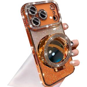 Magnetic Kickstand Glitter Case for iPhone 17 Pro Max,[Compatible with Magsafe] Cute Bling Sparkly Rhinestone with Camera Protector Makeup Mirror Women Girls Case for iPhone 17 Pro Max,Orange