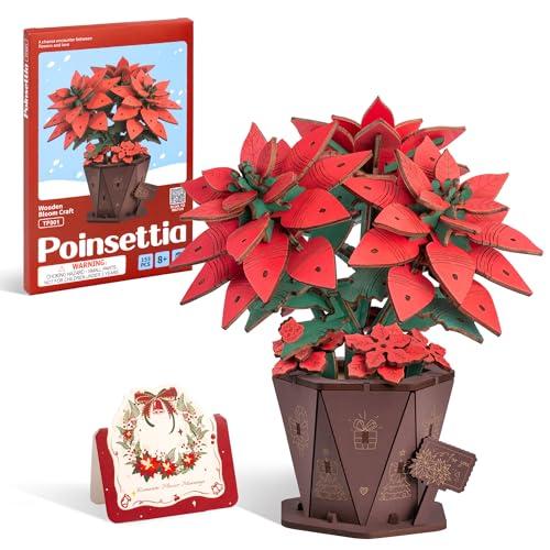 ROBOTIME 3D Wooden Poinsettia Puzzle - with Flower Pot Base, Adjustable Stem, Christmas Home Desk Decor, DIY Craft Kit for Adults