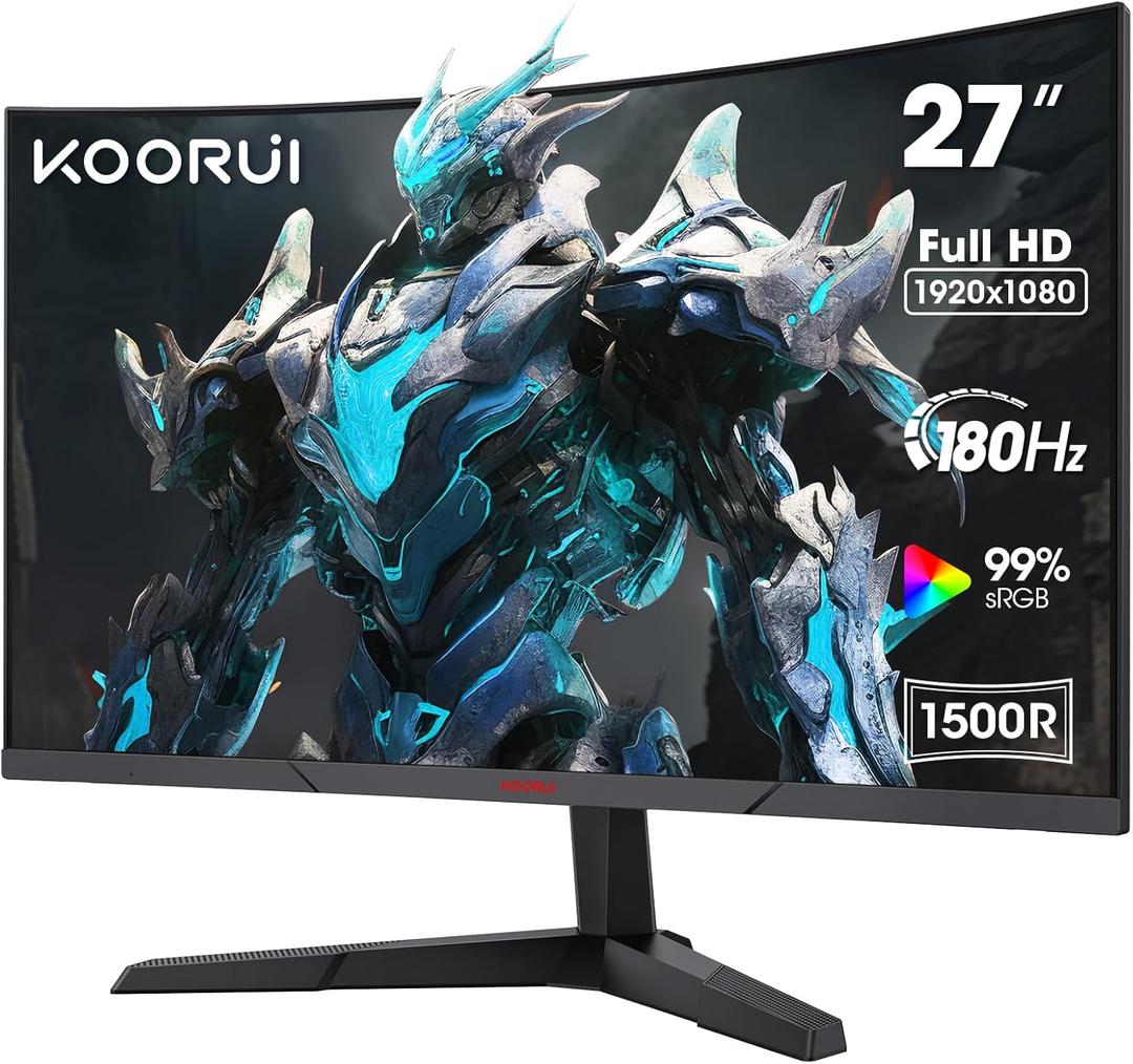 KOORUI Curved 27 Inch Gaming Monitor, Full HD 1080p R1500 180Hz VA Computer Monitor, 99% sRGB, Built-in Adaptive Sync, 1 x Display Port 1.2 & 2 x HDMI 2.0, Eye Care, VESA Compatible, Black 27E6CA