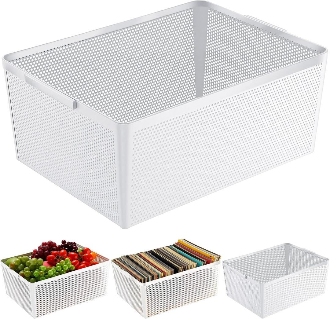 Shimeyao 4 Pcs Wire Mesh Baskets 12.6 x 9.4in Metal Wire Storage Baskets with Handle Steel Organizers Bin Containers for Home Organizing Cabinet CD Storage Pantry Kitchen Fridge Fruit Snacks(White)