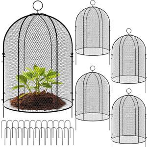 Novabright 4 Pack Garden Cloches for Plants 12" x 16" with Stakes & Zip Ties, Plant Covers from Animals Large Metal Mesh Chicken Wire Cloche Plant Protector Cage for Vegetable Garden Outdoor (Black)
