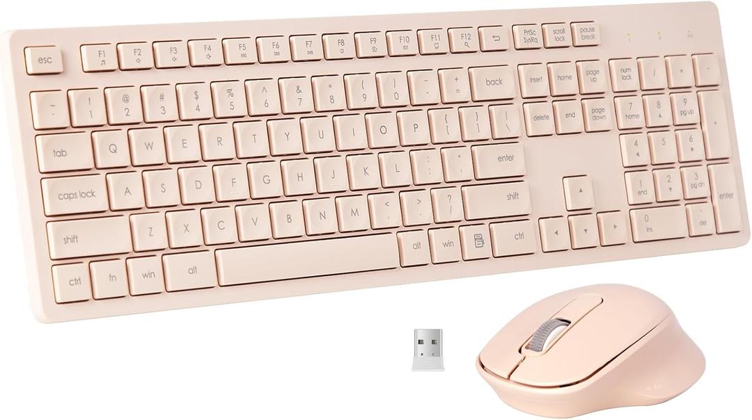 Wireless Keyboard and Mouse Combo, Quiet and Soft 2.4G Full-Size Computer Keyboard and Ergonomic Wireless Mouse for Windows, Mac Desktop/ Laptop/ PC/ PS, Peach