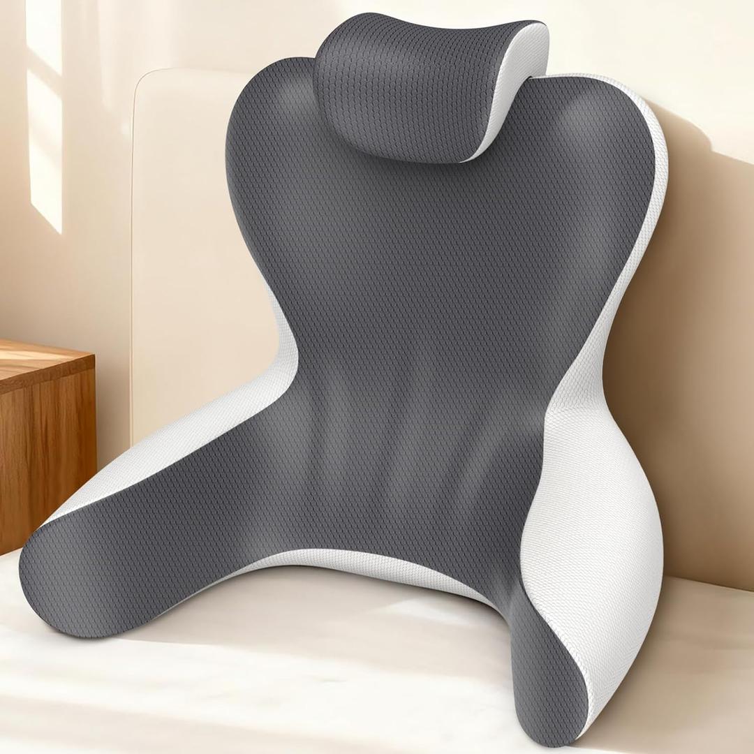 Reading Pillow for Sitting in Bed, 22H Back Pillow for Sitting Up,Lumbar Rest & Neck Support Bed Pillows,Backrest Bed Chair with Arms for Reclining,Gaming,Resting,Watching TV in Couch or Floor (Grey&white)