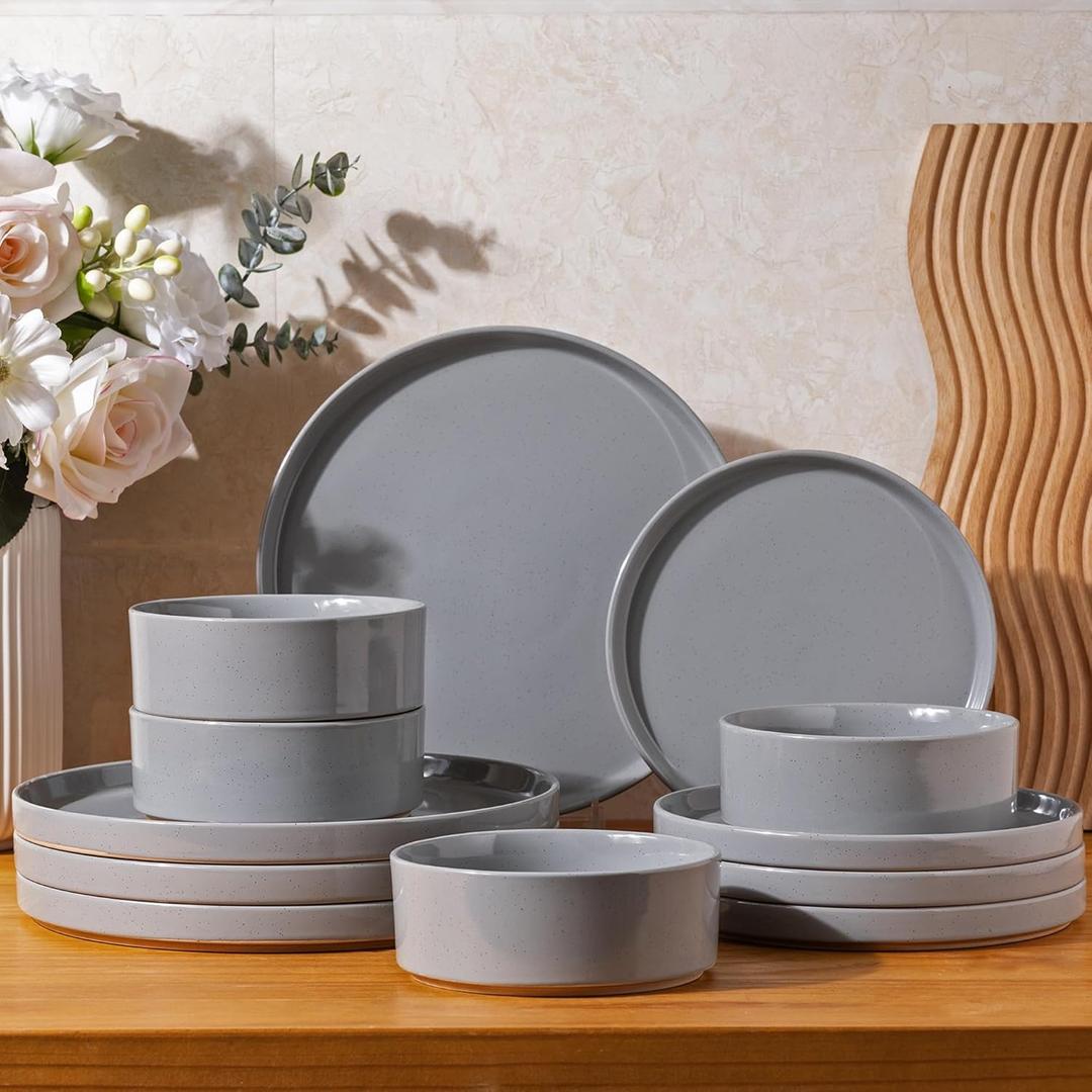 AmorArc Ceramic Dinnerware Set for 4 | Speckled Stoneware Plates and Bowls with unglazed terracotta | Scratch Resistant, Dishwasher & Microwave Safe Dishes Sets- 12-Pcs Gray (Service for 4, Modern-Gray)