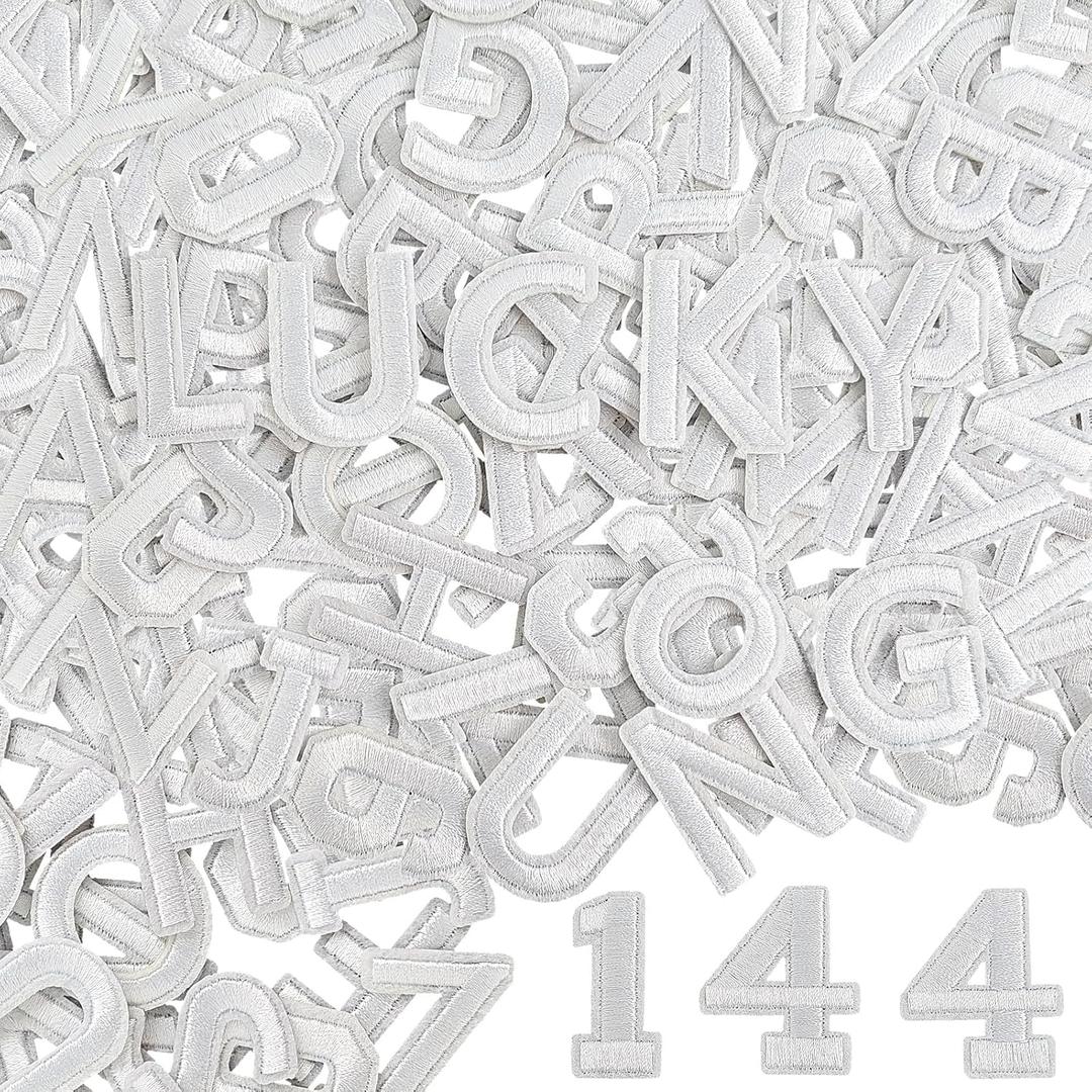 144Pcs Iron on Letters and Numbers Patches, Letter Patches Alphabet Embroidered Patch A-Z, Numbers 0-9 Applique for Clothes, Hat, Socks, Jeans, Jerseys, DIY Accessories - White