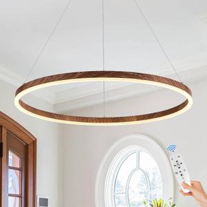 LED Ring Chandelier 24 Inches Round Chandelier Wood Grain Finish Dimmable LED Pendant Light Dining Room Light Fixture Circular Hanging Light for Entryway Foyer Office