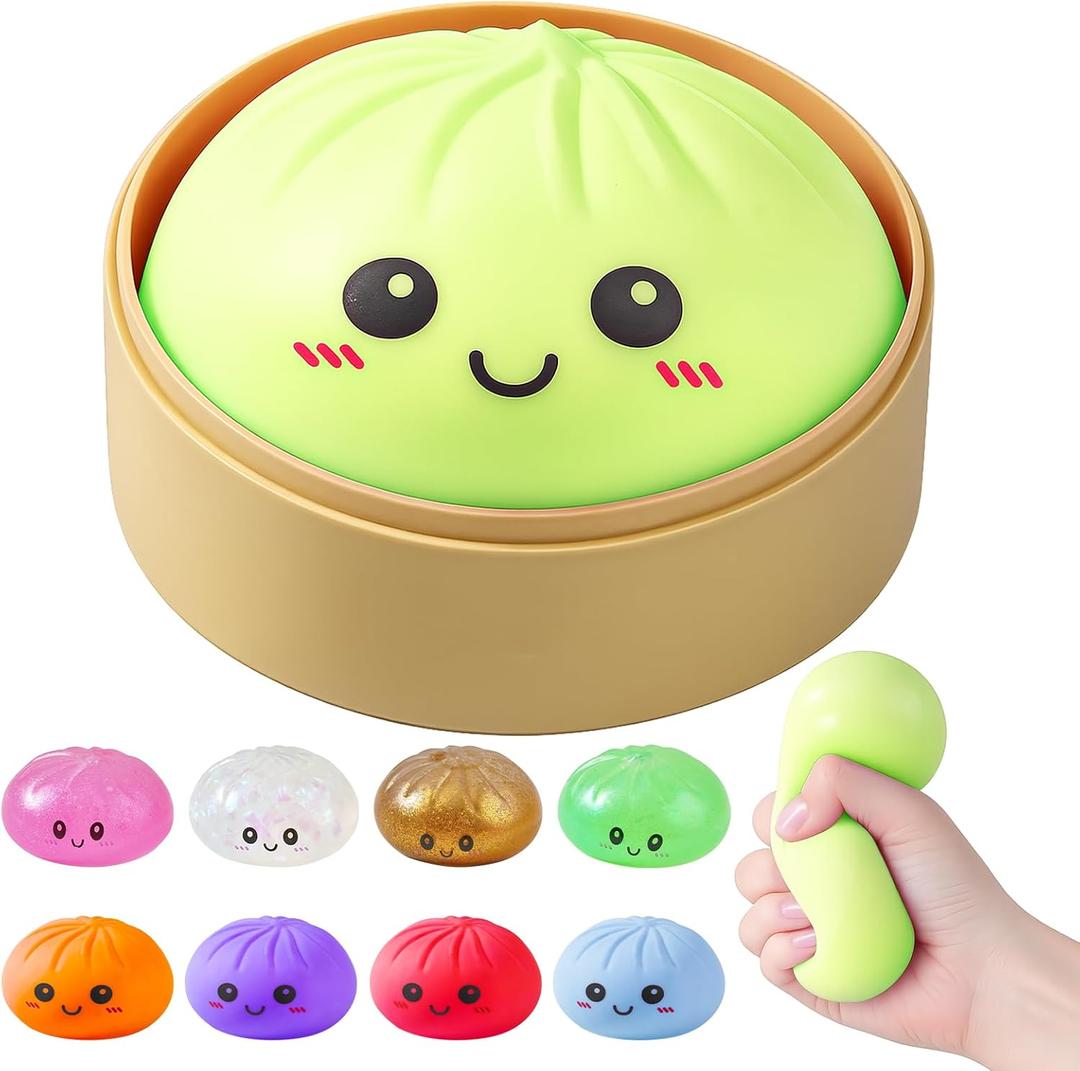 Dumpling Squishies, Dumpling Mystery Box, Colorful Dumplings Stress Balls Fidget Sensory Toy, Stocking Stuffers with Food Steamer Stretchy Desk Toys (Green)