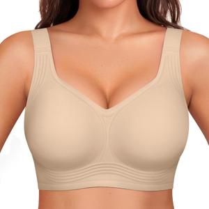 OEAK Womens Wireless Jelly Bra Plus Size Supportive Seamless Bras Full Coverage Push Up Comfortable No Underwire Tshirt Bras (Large, Creamy Beige)