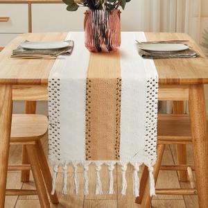 Boho Table Runner 72 Inches Long, Macrame Burlap Rustic Modern Farmhouse Coffee Dining Room Table Centerpiece Decor, Beige Brown Linen Cotton Table Runners for Wedding Party
