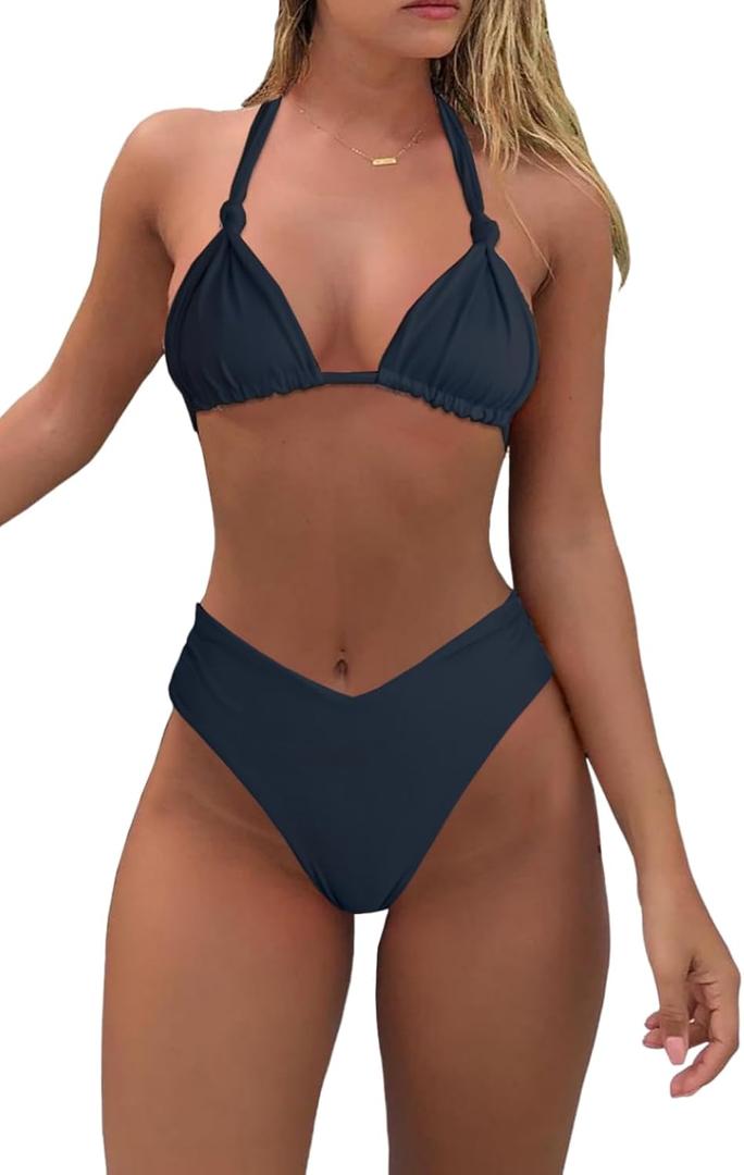 Bikini Sets for Women Sexy Halter Triangle String Bikini Cheeky V Cut High Waisted Thong Swimsuits 2 Piece (Small, Black)