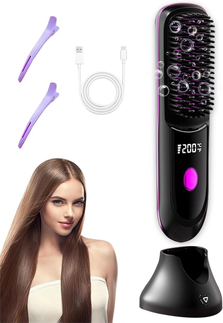 Go Brush Pro Hair Straightener  Cordless Comb with Negative Ion, 6000mAh Fast Heating & Portable Travel Design, Rechargeable Brush for Straightening and Curling (Black-1Pcs)