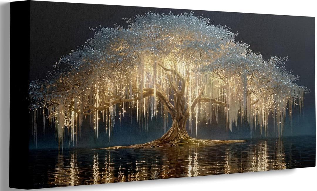 Large Tree of Life Canvas Wall Art Abstract Black and Gold Tree of Life Picture Wall Decor Nordic Gold White Flowers Poster Print Artwork For large living room Bedroom Office Hallway Home Decoration,Tree of Life, Wrapped Canvas, 48"L x 24"W