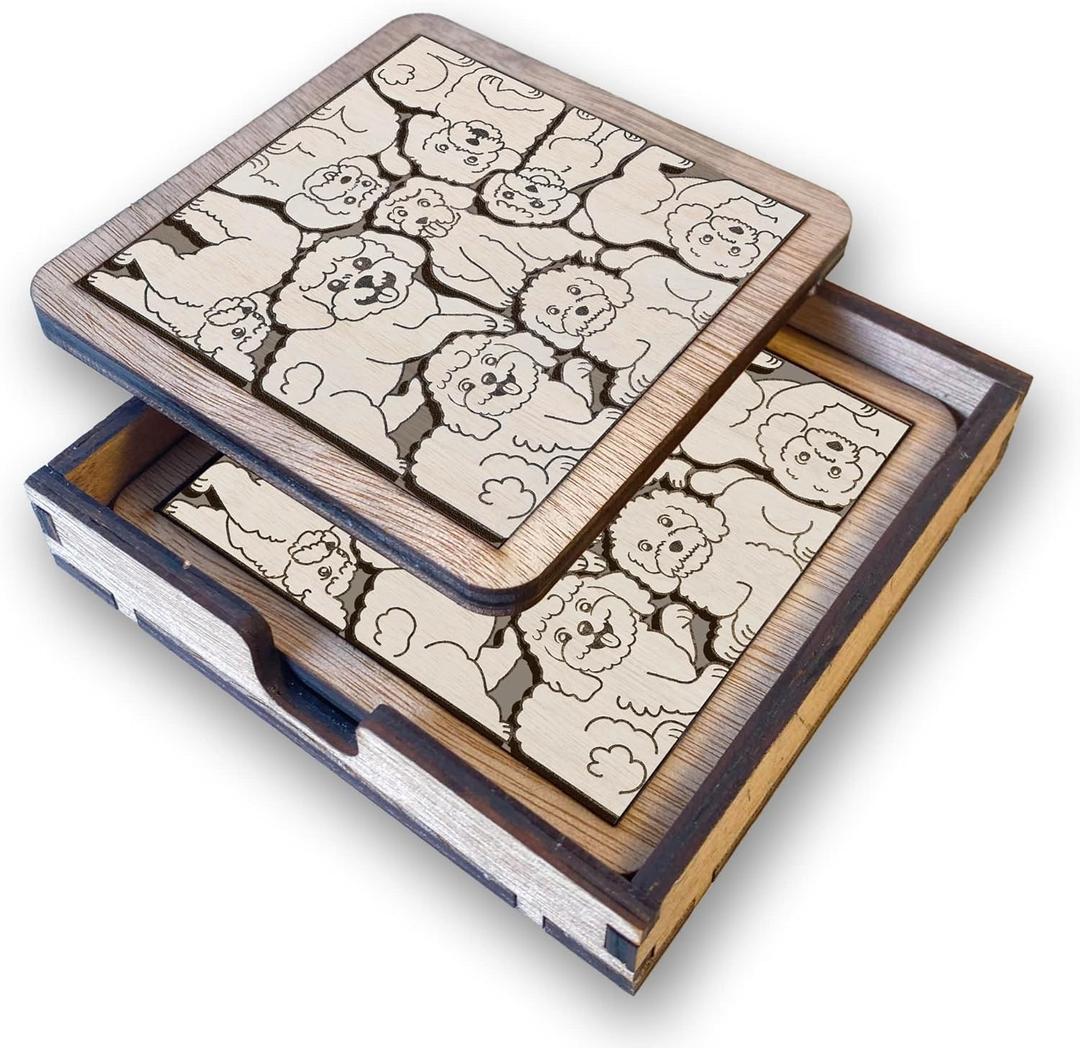 Set 02 Poodle Dog Coaster - Poodle Dog Puzzle Wooden Coaster Set - Interlocking Jigsaw Drink Mats with Laser-Cut Design for Poodle Lovers (Poodle Coasters)